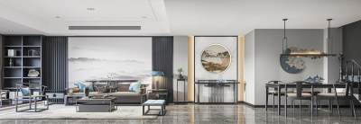 新中式客餐厅 沙发茶几组合 沙发背景墙 餐厅 西餐台 单椅 餐桌椅 吊灯